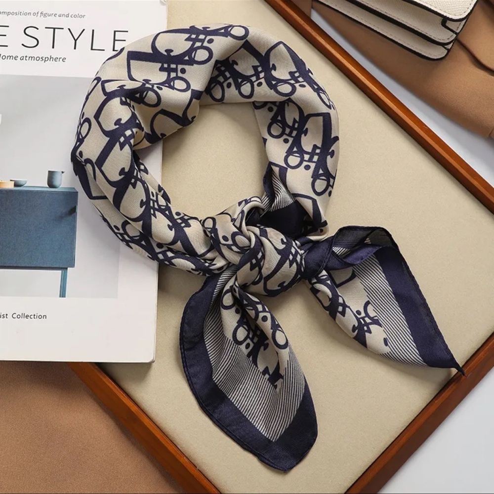 Designer Navy & Cream Printed Silk Scarf